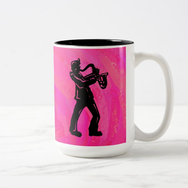 New York Boogie Nights Saxophone Hot Pink Two-Tone Coffee Mug (Right)