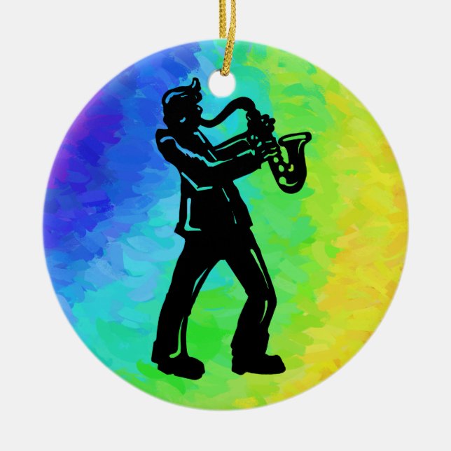 New York Boogie Nights Saxophone Rainbow Ceramic Ornament (Front)