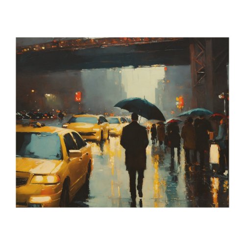 New York bridge rain people canvas oil paint  Wood Wall Art