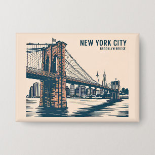 New York Brooklyn Bridge Skyline Bold Retro Travel Button