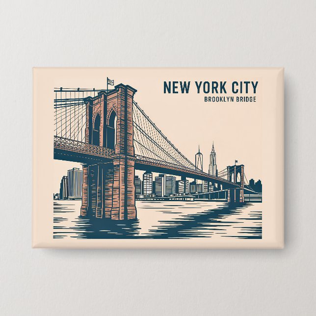 New York Brooklyn Bridge Skyline Bold Retro Travel Button (Front)