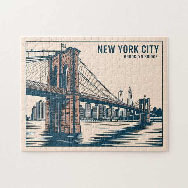 New York Brooklyn Bridge Skyline Bold Retro Travel Jigsaw Puzzle (Horizontal)