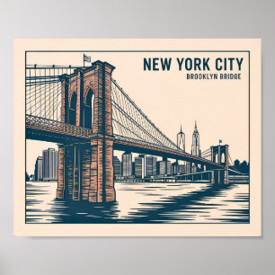New York Brooklyn Bridge Skyline Bold Retro Travel Poster