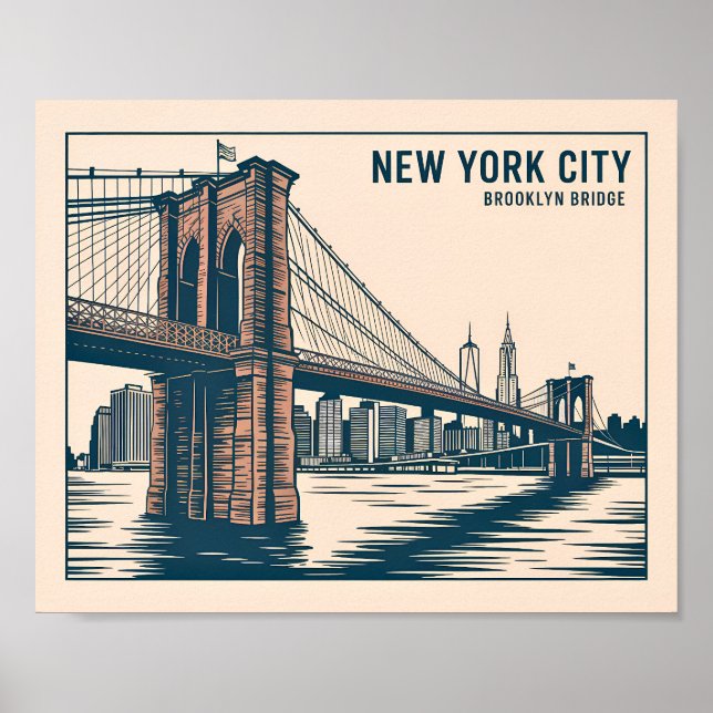New York Brooklyn Bridge Skyline Bold Retro Travel Poster (Front)