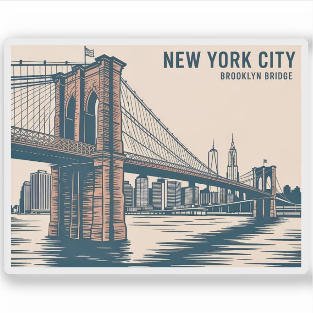 New York Brooklyn Bridge Skyline Bold Retro Travel Sticker (Front)