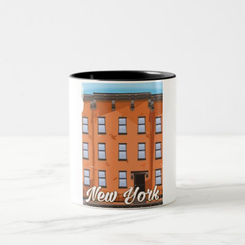 New York Brownstone travel poster cartoon Two_Tone Coffee Mug