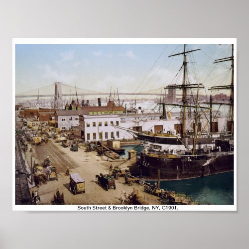 New York c1901 Vintage Brooklyn Bridge  ships Poster