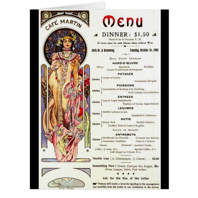 New York Café Menu 1903 Cards (Front)