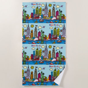 New York Cartoon Sightseeing Buildings Beach Towel