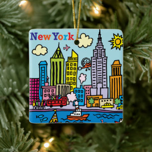 New York Cartoon Sightseeing Buildings Ceramic Ornament