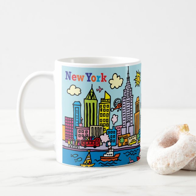 New York Cartoon Sightseeing Buildings Coffee Mug (With Donut)