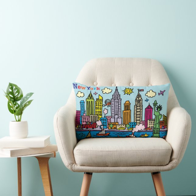 New York Cartoon Sightseeing Buildings Lumbar Pillow (Chair)