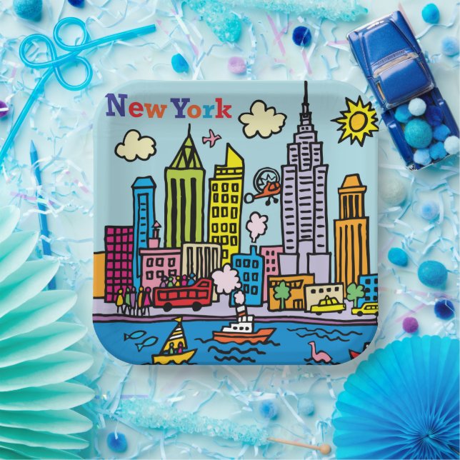 New York Cartoon Sightseeing Buildings Paper Plates (Party)