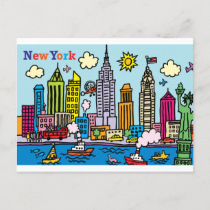 New York Cartoon Sightseeing Buildings Postcard
