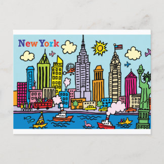 New York Cartoon Sightseeing Buildings Postcard