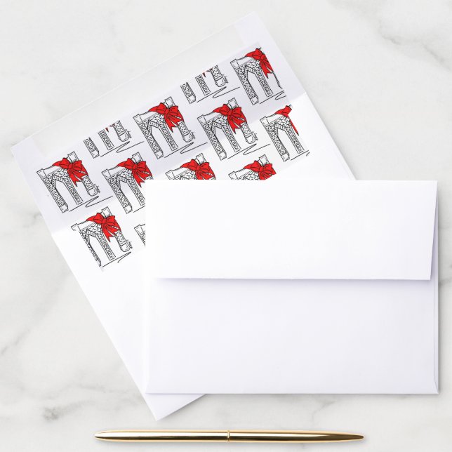 New York Christmas Brooklyn Bridge Red Bow NYC Envelope Liner (Desk)