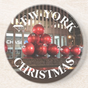 New York Christmas NYC Red Holiday Balls Sixth Ave Sandstone Coaster