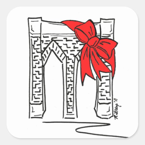 New York Christmas Red Bow NYC Brooklyn Bridge Square Sticker