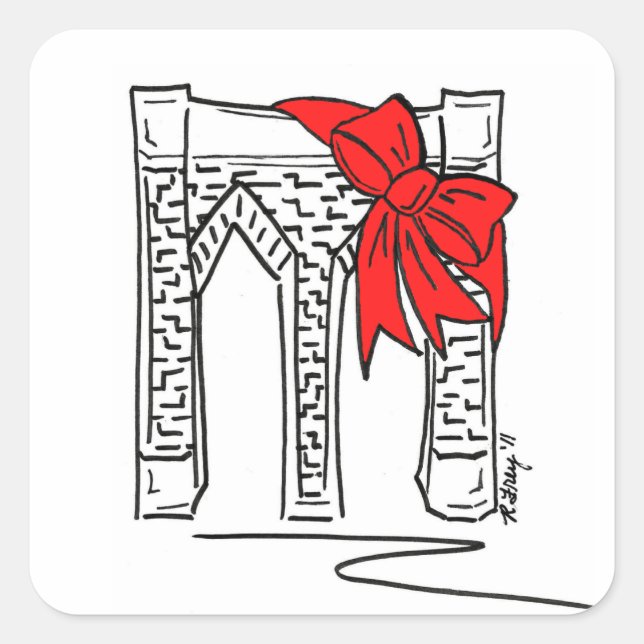 New York Christmas Red Bow NYC Brooklyn Bridge Square Sticker (Front)
