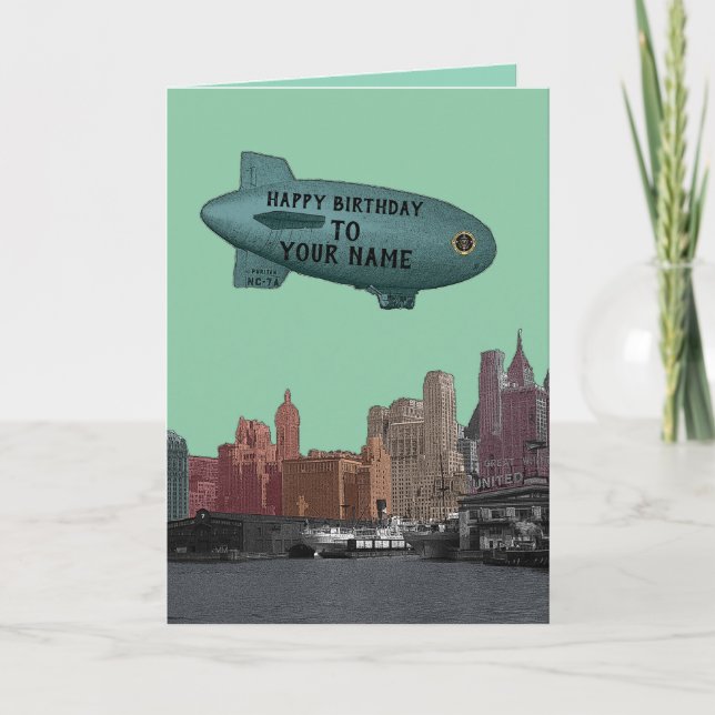 NEW YORK CITY 1930'S SKYLINE BLIMP YOUR BIRTHDAY CARD (Front)
