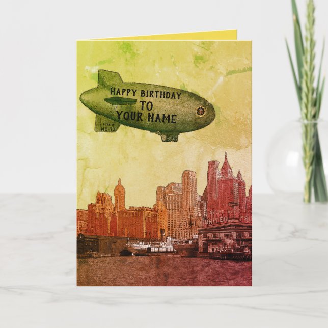 NEW YORK CITY 1930'S SKYLINE BLIMP YOUR BIRTHDAY CARD (Front)
