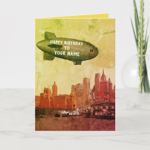 NEW YORK CITY 1930S SKYLINE BLIMP YOUR BIRTHDAY CARD