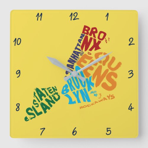 New York City 5 Boroughs Calligram Map Square Wall Clock