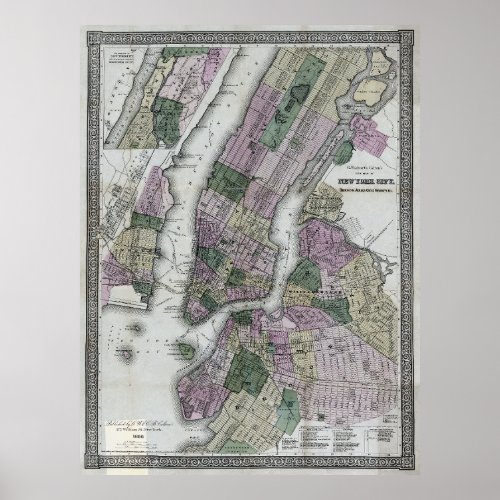 New York City and Environs Map 1866 Poster
