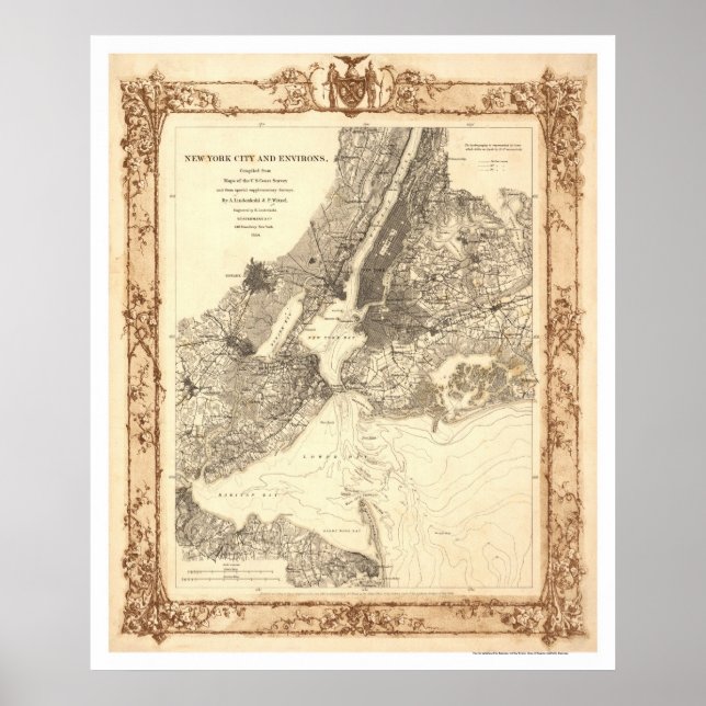 New York City and Environs Map by Lindenkohl 1860 Poster (Front)