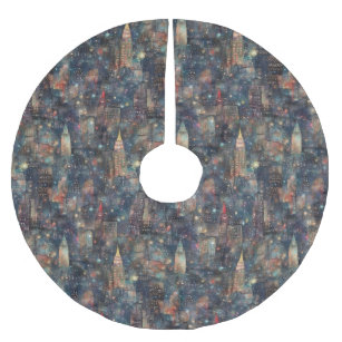 New York City at New Year's in Watercolors Brushed Polyester Tree Skirt