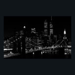 New York City at Night Poster<br><div class="desc">Black & White Brooklyn Bridge and Manhattan Skyscrapers Poster</div>