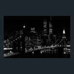New York City at Night Poster<br><div class="desc">Black & White Brooklyn Bridge and Manhattan Skyscrapers Poster</div>