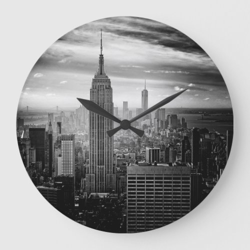 New York City Black and White Skyline Large Clock