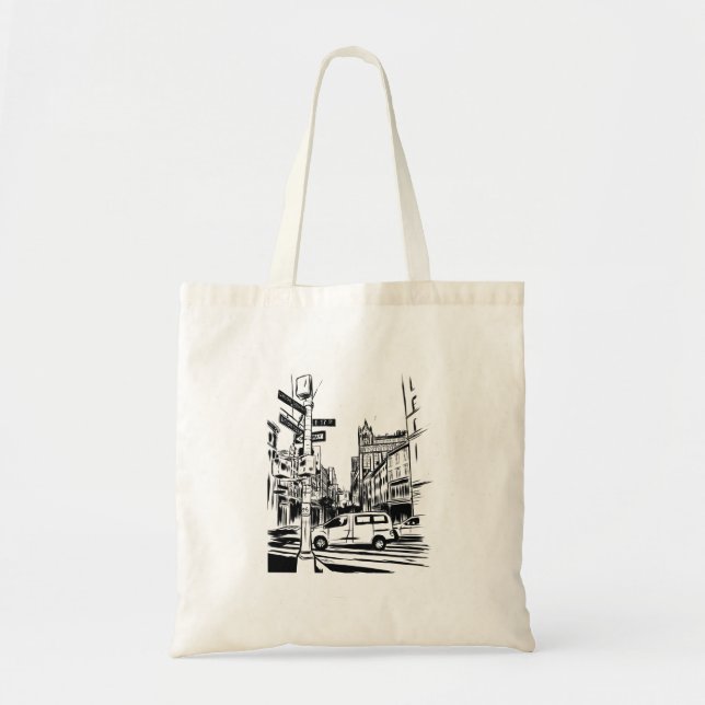 New York City Black and White Urban Street Scene Tote Bag (Front)