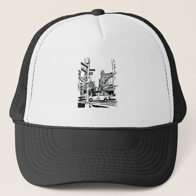 New York City Black and White Urban Street Scene Trucker Hat (Front)