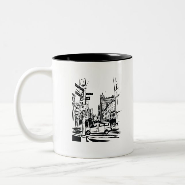 New York City Black and White Urban Street Scene Two-Tone Coffee Mug (Left)