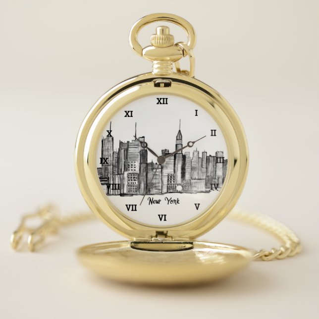 New York City Black Modern Skyline Travel NYC Pocket Watch (Inside)