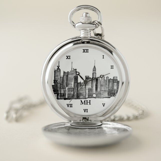 New York City Black Modern Skyline Travel NYC  Pocket Watch (Inside)
