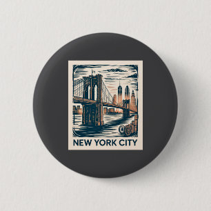 New York City Brooklyn Bridge Bold Retro Skyline Button