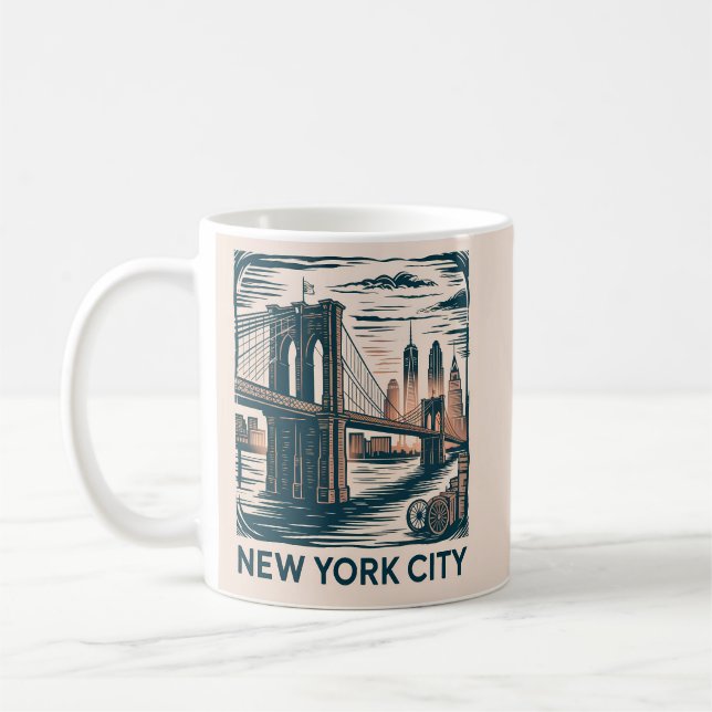 New York City Brooklyn Bridge Bold Retro Skyline Coffee Mug (Left)