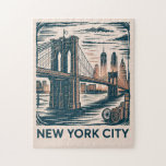 New York City Brooklyn Bridge Bold Retro Skyline  Jigsaw Puzzle<br><div class="desc">This New York City illustration captures the Brooklyn Bridge leading into the majestic Manhattan skyline, one of the most famous American landmarks and iconic views of the urban metropolis. Created in a retro vintage travel poster style, the design blends bold graphic lines, clean minimalist detail, and mid‑century modern character with...</div>