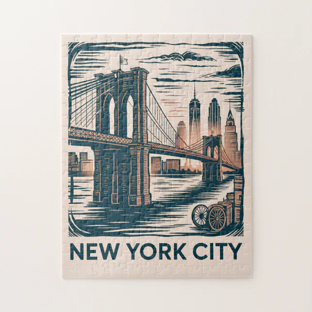 New York City Brooklyn Bridge Bold Retro Skyline Jigsaw Puzzle | Zazzle