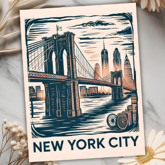 New York City Brooklyn Bridge Bold Retro Skyline Postcard