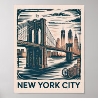 New York City Brooklyn Bridge Bold Retro Skyline