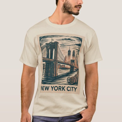 New York City Brooklyn Bridge Bold Retro Skyline 