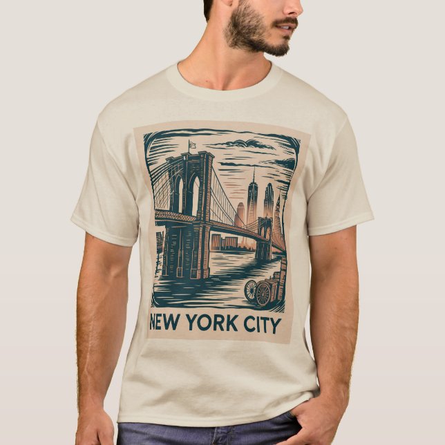New York City Brooklyn Bridge Bold Retro Skyline  T-Shirt (Front)