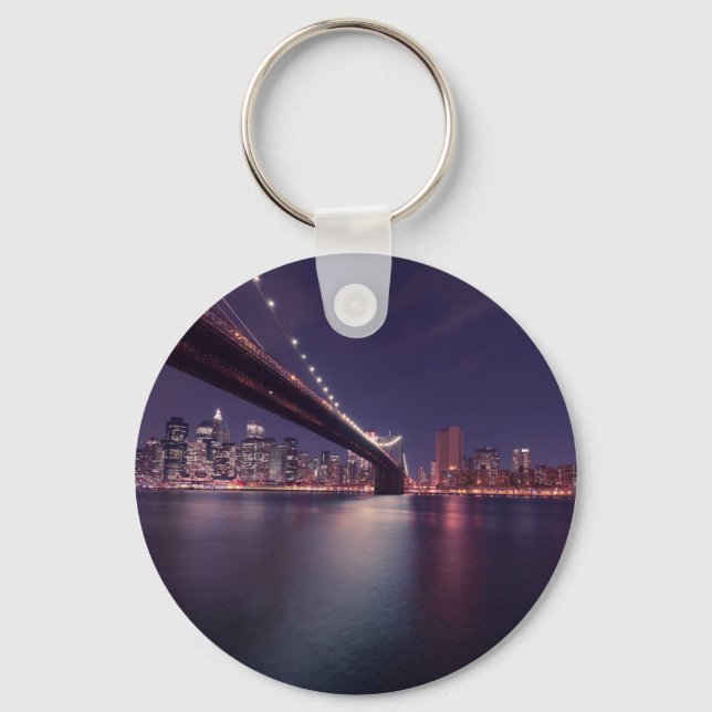 New York City Brooklyn Bridge Night Skyline Keychain (Front)