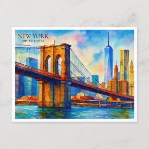 New York City Brooklyn Bridge Watercolor Holiday Postcard