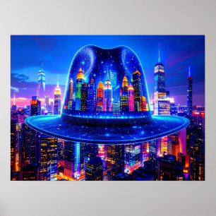 New York City Buildings at Night Under Fedora Hat Poster