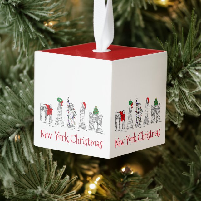 New York City Christmas NYC Holiday Landmarks Xmas Cube Ornament (Tree)